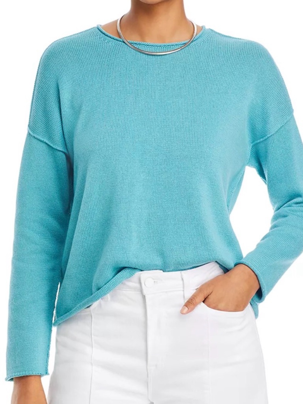 Eileen Fisher Teal Organic Cotton Tencel Knit Sweater Small